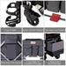 Collage of stroller features including cup holder, brake, lock system, side bag, tool bags, and storage compartments.