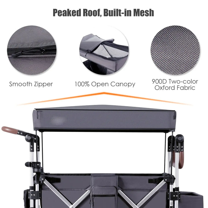 Gray outdoor folding chair with peaked roof and built-in mesh, featuring smooth zipper, 100% open canopy, and 900D two-color Oxford fabric.