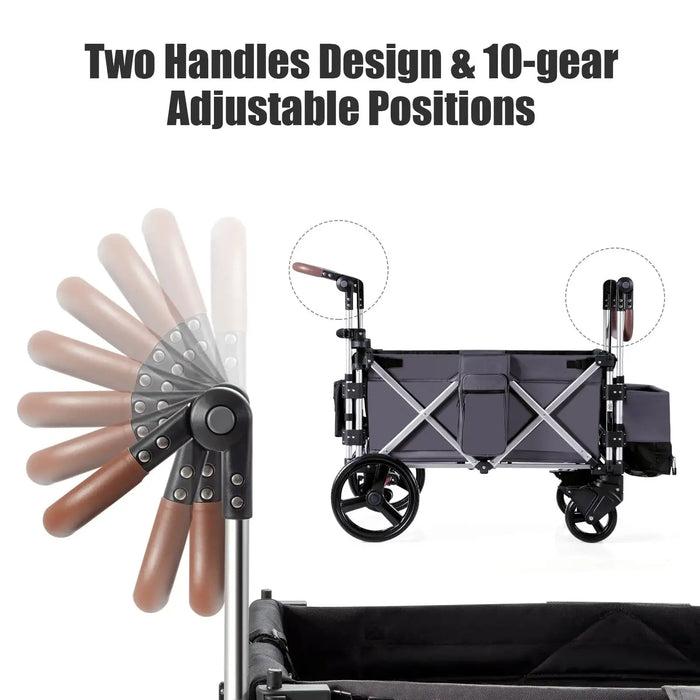 Collapsible wagon with adjustable handles and gear indicators on a white background