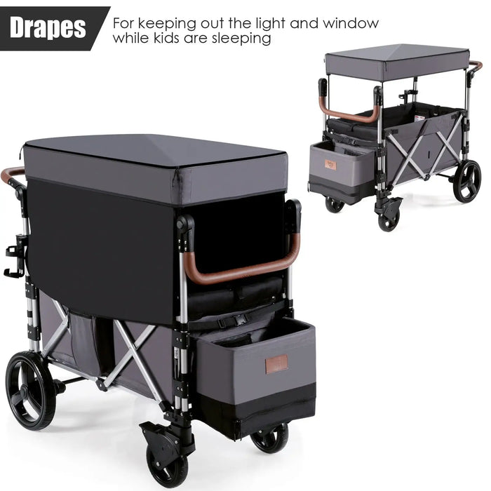 Stroller with a cover and additional storage compartments on wheels, with text about using drapes for light control.