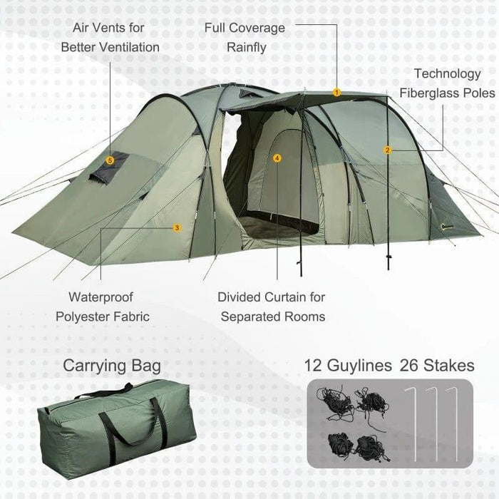 Two Bedroom Tunnel Tent with Rainfly and Carry Bag in Green (5 persons) - Little and Giant Explorers Outsunny