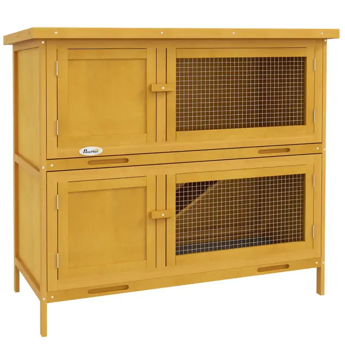 Two-Level Outdoor Rabbit Hutch – Yellow Fir Wood | Double-Tier Bunny House PAWHUT - Little and Giant Explorers PawHut
