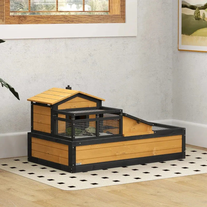 Two-Level Tortoise House – Yellow and Black Fir Wood | Spacious Outdoor Reptile Habitat PAWHUT - Little and Giant Explorers PawHut