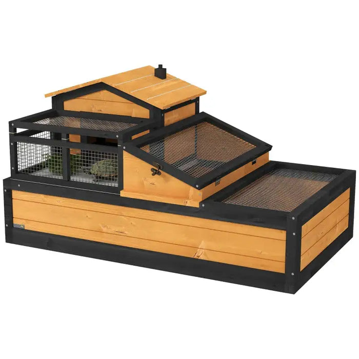 Two-Level Tortoise House – Yellow and Black Fir Wood | Spacious Outdoor Reptile Habitat PAWHUT - Little and Giant Explorers PawHut