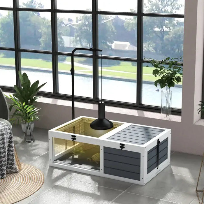 Two-Room Tortoise House – Grey | Outdoor Reptile Enclosure - Adjustable Lamp Holder PAWHUT - Little and Giant Explorers PawHut