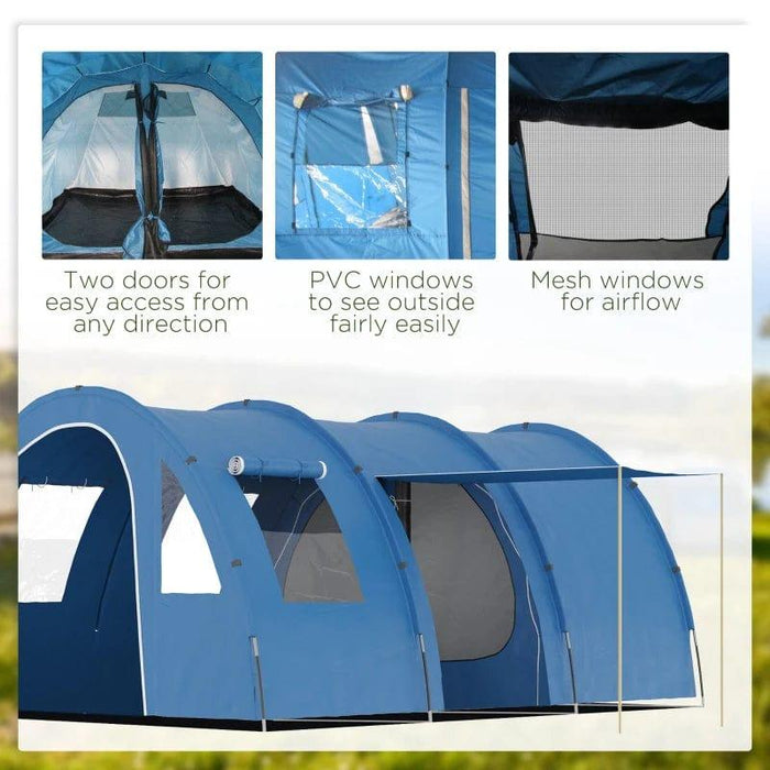 Two Room Tunnel Tent with Floor, 2 Doors and Carry Bag (5-6 persons) - Little and Giant Explorers Outsunny