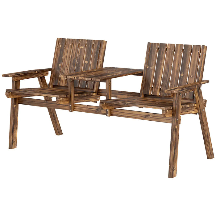 Carbonized wooden two-seat garden bench with central table and armrests, outdoor patio furniture