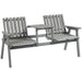 Grey wooden two-seat outdoor garden bench with built-in table between seats