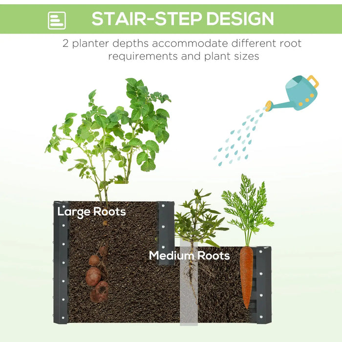Two-tier galvanized steel raised garden bed with stair-step design showing large and medium root plants