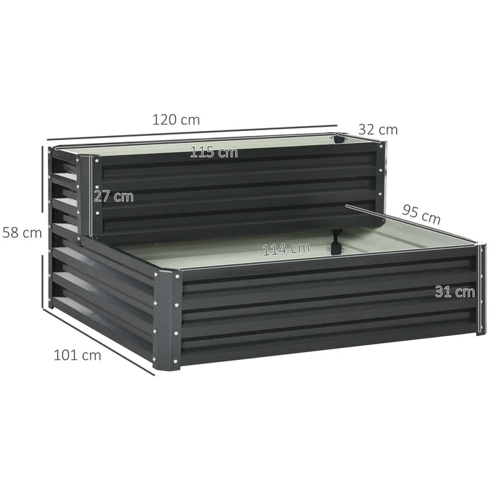 Two-tier dark grey galvanized steel raised garden bed with detailed dimensions shown