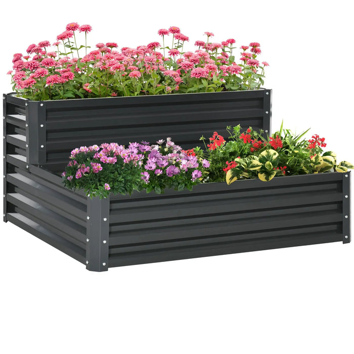 Two-tier galvanized steel raised garden bed planter with vibrant pink, purple, red flowers and green foliage