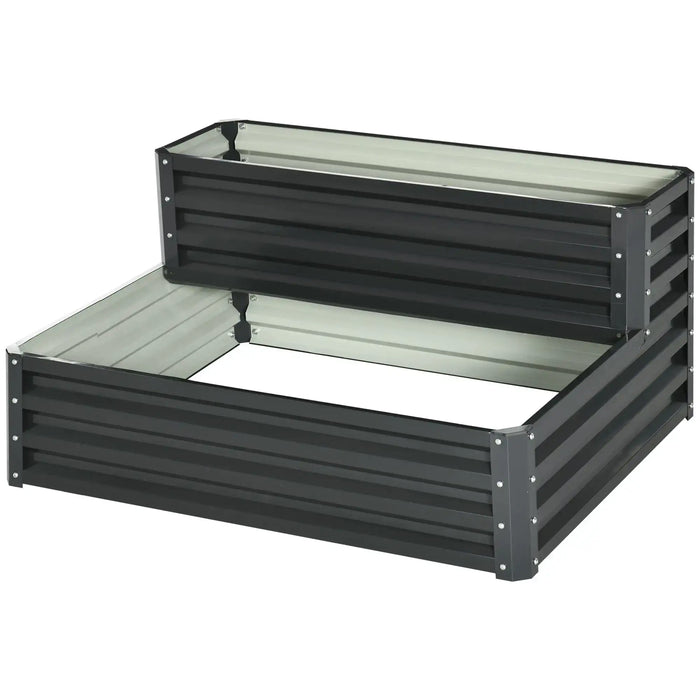 Two-tier dark grey galvanized steel raised garden bed with stair step design