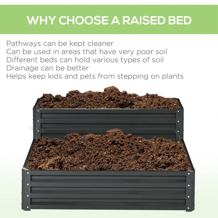 Two-tier galvanised steel raised garden bed in dark grey filled with soil for better drainage and soil variety