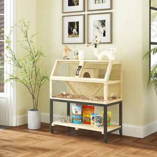 Two-Tier Hamster Cage | Wooden Small Animal Habitat - Ramps Seesaw and Water Bottle PAWHUT - Little and Giant Explorers PawHut