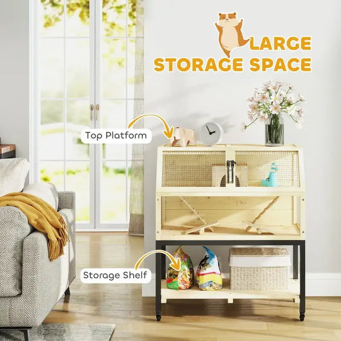 Two-Tier Hamster Cage | Wooden Small Animal Habitat - Ramps Seesaw and Water Bottle PAWHUT - Little and Giant Explorers PawHut