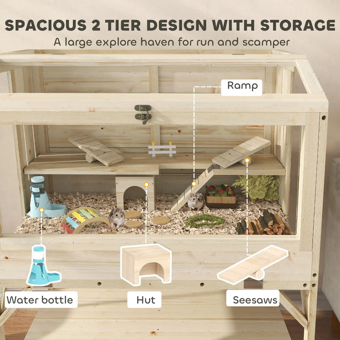 Spacious two-tier wooden hamster cage with a ramp, hut, seesaws, and water bottle