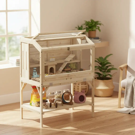 Wooden indoor pet cage with ramp, toys, and bedding in sunlit living room with plants