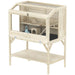 Wooden small pet cage with mesh top, ramp, platform, water bottle, and storage shelf
