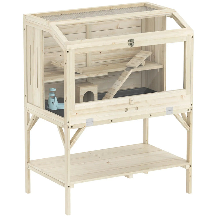 Wooden small animal cage with elevated stand, ramp, and water bottle holder