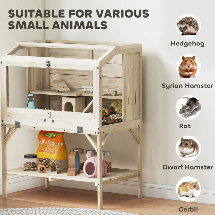 Wooden multi-level small animal cage with accessories, suitable for hedgehog, hamster, rat, gerbil