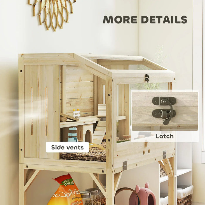 Wooden small animal cage with side vents and latch, elevated on legs in a cozy indoor setting