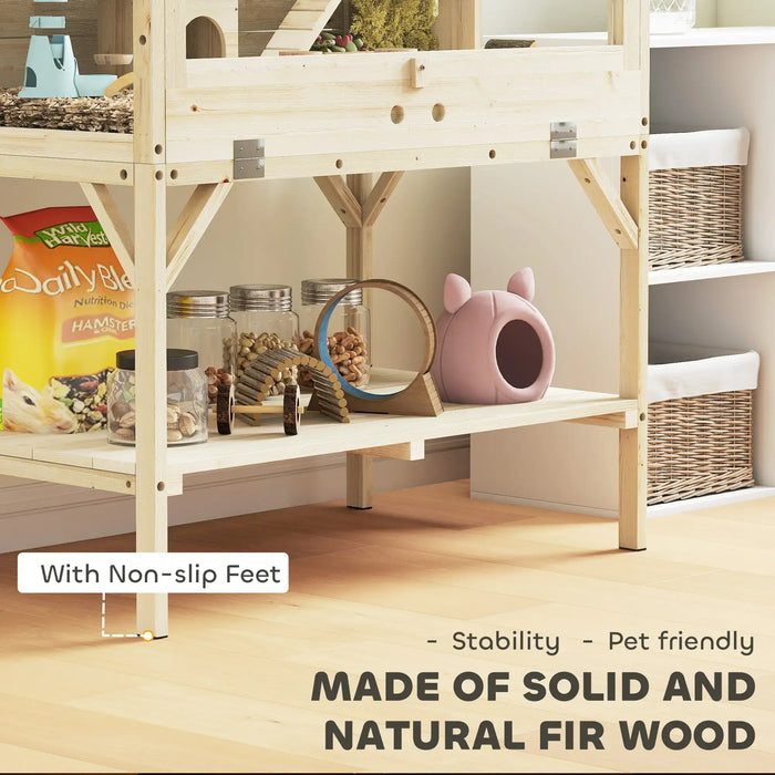 Wooden pet cage with non-slip feet, hamster food jars, and small pet toys on a shelf