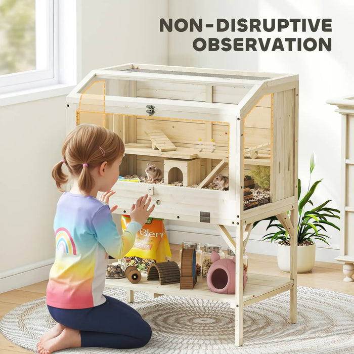 Child watching two hamsters in a wooden non-disruptive observation cage with toys and food jars