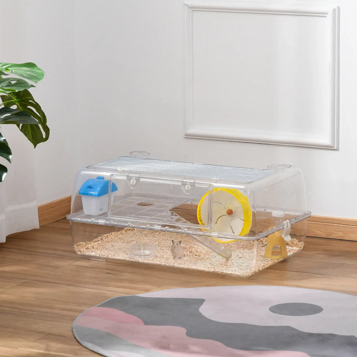 Two-Tier Mouse and Hamster Cage – Transparent Plastic | Running Wheel PAWHUT - Little and Giant Explorers PawHut
