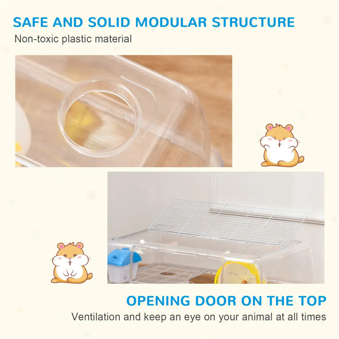 Two-Tier Mouse and Hamster Cage – Transparent Plastic | Running Wheel PAWHUT - Little and Giant Explorers PawHut