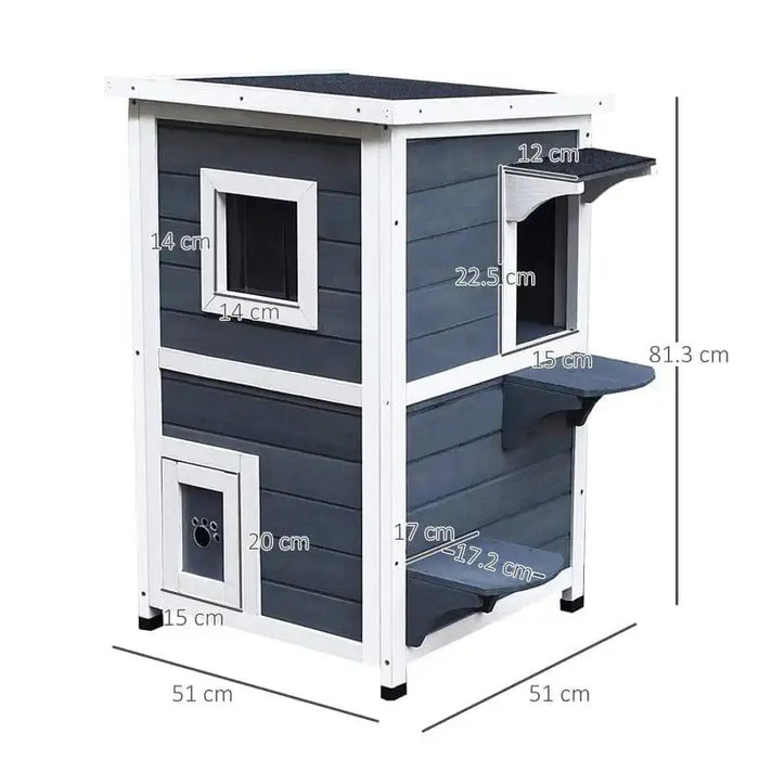 Two-tier grey wooden outdoor cat house with white trim, windows, door, and size dimensions