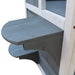 Close-up of grey two-tier outdoor wooden cat house perch with white trim