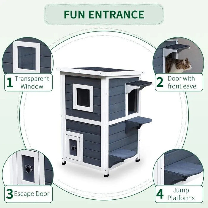 Two-tier grey outdoor wooden cat house with escape door, window, front eave door, and jump platforms