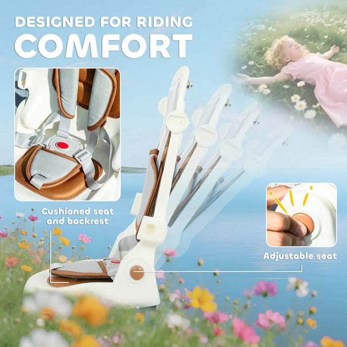 Child safety seat with cushioned seat and backrest and adjustable seat features, set against a scenic background.