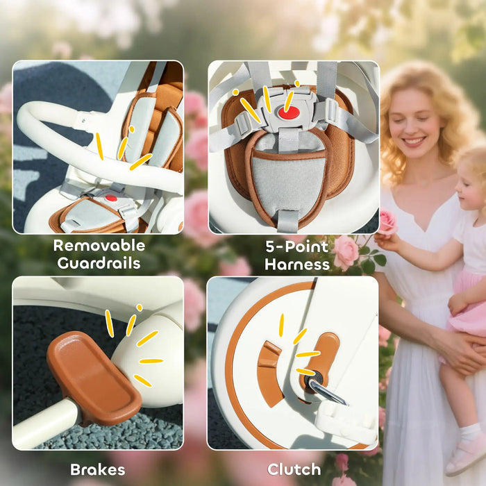 Baby seat with features highlighted and a woman holding a child outdoors.