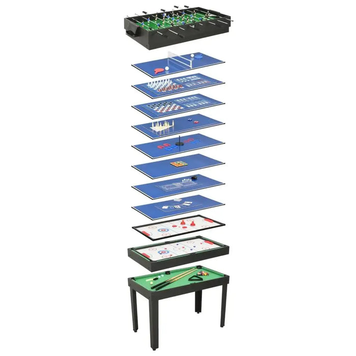Ultimate 15-in-1 multi-game table with stacked interchangeable boards, black frame