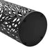 Black cylindrical metal filter with intricate lattice design on a white background