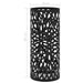 Black metal umbrella stand with cut-out design and dimensions on a white background