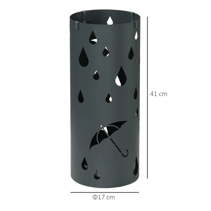 Black umbrella stand with raindrop design and measurements on a white background
