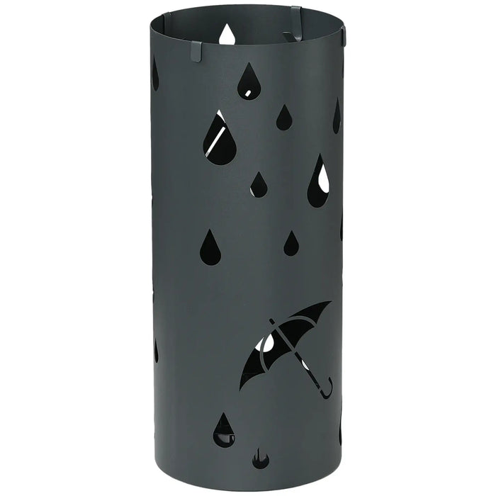 Black umbrella stand with cut-out designs of raindrops and an umbrella on a white background
