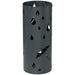 Black umbrella stand with cut-out designs of raindrops and an umbrella on a white background