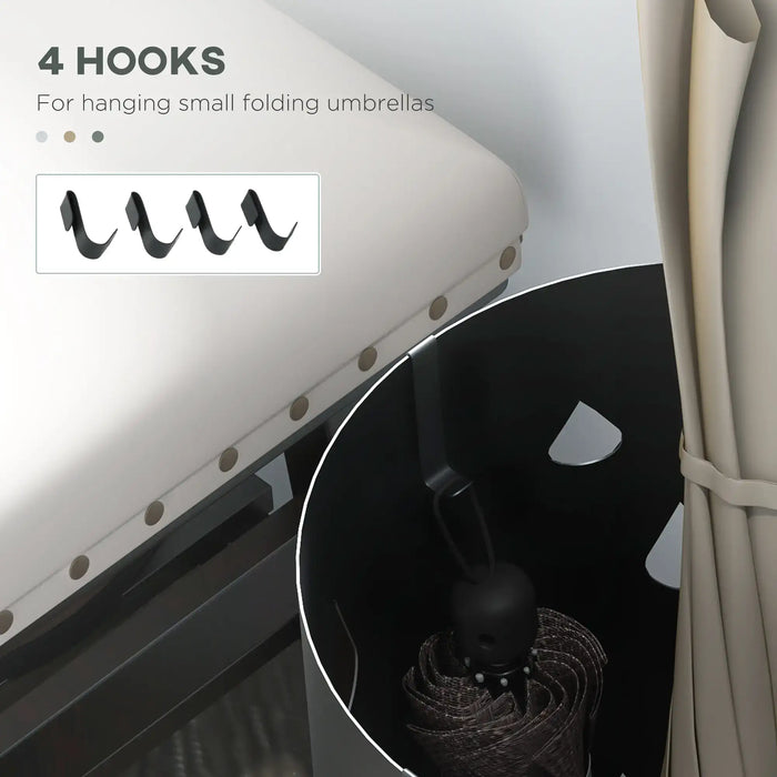 Umbrella stand with four hooks for hanging small folding umbrellas, shown with a black umbrella.