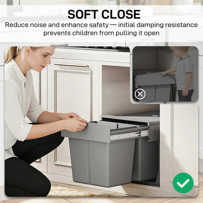 Woman pulling out gray dual 15L under sink recycling bin with soft close runners in white kitchen cabinet