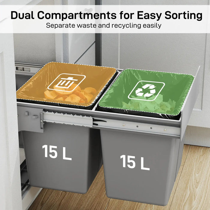 Under sink dual 15L waste and recycling bins with soft close runners for easy sorting