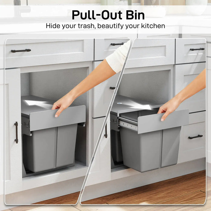 Kitchen pull-out dual bin system installed under sink with soft-close runners, white cabinetry