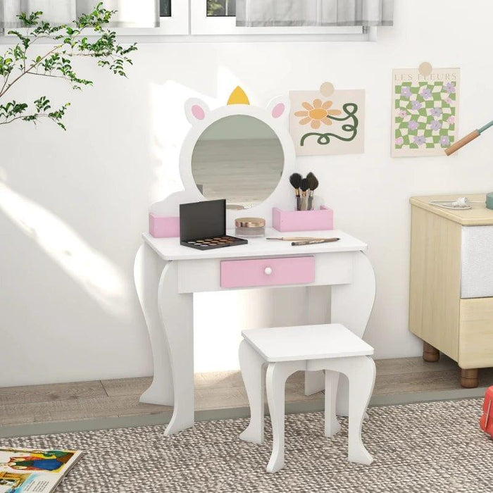 Unicorn Design Kids Dressing Table with Mirror and Stool - Little and Giant Explorers ZONEKIZ