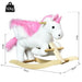 White and pink plush unicorn rocker for kids with wooden base, handles, and size dimensions shown