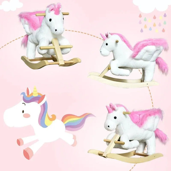 White and pink plush unicorn rocker ride-on toy with wings against a pastel pink background