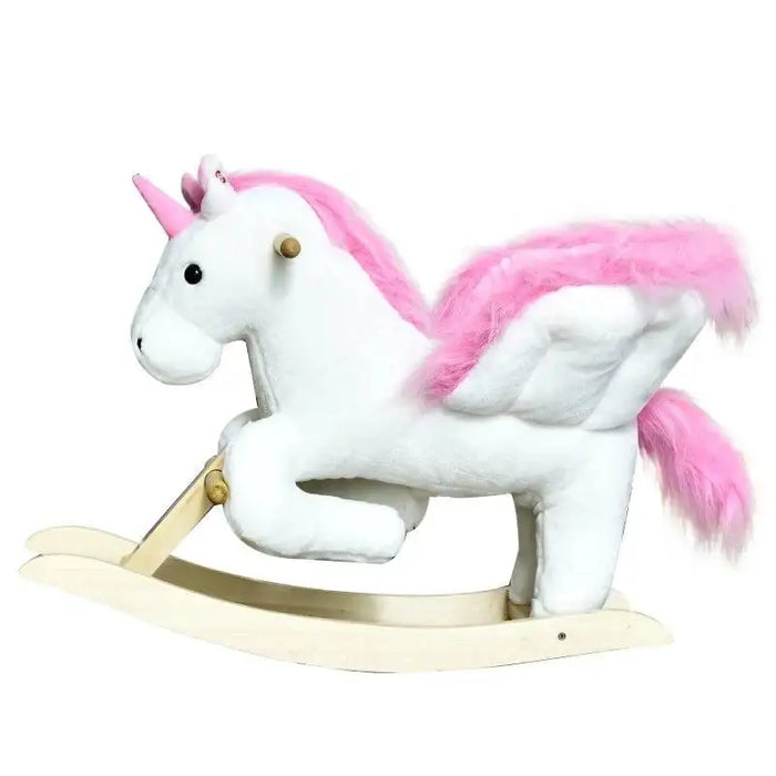White and pink plush unicorn rocker toy with wooden rockers and wings