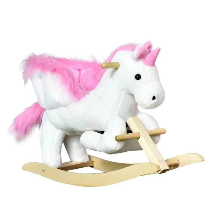 White and pink plush unicorn rocker toy with wooden handles and rockers