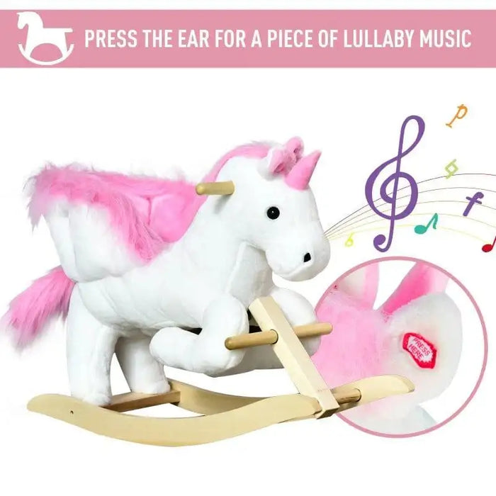 White and pink unicorn rocker toy with plush seat and musical lullaby feature